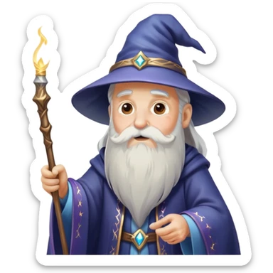 old man wizard with a beard casting a spell with a wand with sparkles and magic sticker