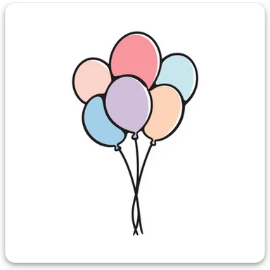 Colorful birthday balloons with strings. Hand-drawn doodle style using pastel colors (pink, light blue, lavender, peach). Simple festive balloon bunch with different shapes and sizes. Celebratory design perfect for birthdays. sticker
