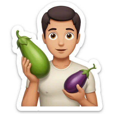 Man with egg plant sticker