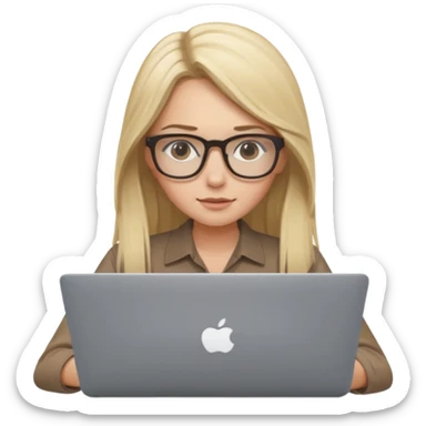 Girl in glasses, blonde long hair, sitting with MacBook , brown blouse, typing on gray MacBook sticker