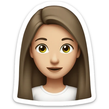 girl with long sleek brown hair, light green eyes and natural makeup. her facial expressions should be neutral with soft, arched eyebrows and a slight smile, wearing a white t-shirt. sticker