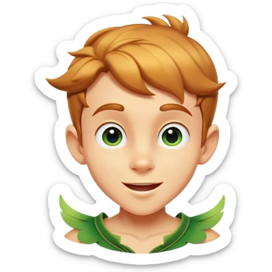 cinematic-realistic-peter-pan-portrait, head tilted dramatically with an exaggeratedly amused expression and sparkling eyes brimming with playful mischief, his iconic outfit rendered in vivid detail with dynamic shadows, soaring through the air.  sticker