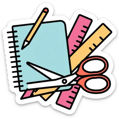 School office supplies with pencil, pen, notebook, ruler, scissors sticker