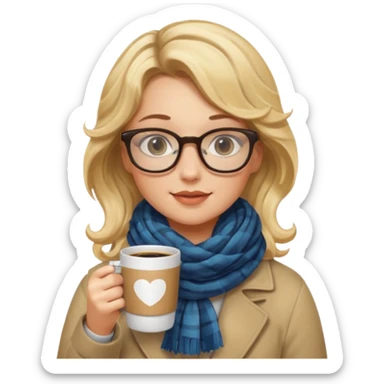 a girl drink with blonde wavy hair, wearing glasses, having scarf, drink coffee sticker