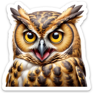 Cinematic Comical Great Horned Owl Portrait Emoji, Head tilted dramatically with an exaggeratedly amused expression, featuring a strikingly patterned mottled plumage with bold contrasts, wide, expressive golden eyes filled with playful disbelief, Simplified yet hilariously expressive features, highly detailed, glowing with a slightly sassy glow, high shine, dramatic yet playful, stylized with an air of cheeky nocturnal mischief, bright and endearing, soft glowing outline, capturing the essence of a spirited and over-the-top owl, so meme-worthy it feels like it could hoot its way into internet fame instantly! sticker