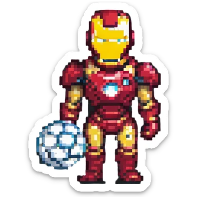 Ironman holding a soccer ball, pixel art style sticker