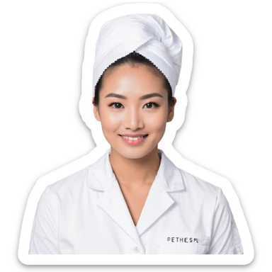 An esthetician providing facial treatments, wearing a white uniform sticker