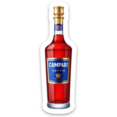 A tall red Campari bottle with a gold cap, bold blue-and-white label, and textured ridged glass at the bottom. Glossy, elegant, iconic look. sticker