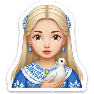 Ukrainian girl wearing a traditional embroidered vyshyvanka shirt with a white dove next to her sticker