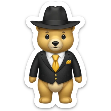 Oso dorado con un sombrero negro y fn su cuello un moño negro sticker