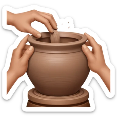 Close-up of two hands working from outside a clay vessel on a silver pottery wheel, both pinching and lifting the clay upward at the same spot to form the vessel wall sticker