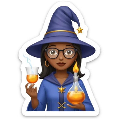 black woman scientist with glasses, wearing wizard hat custome, with glass vase sticker