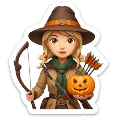 female human monster hunter emoji, wearing brown coat and hat, holding crossbow, soft smile, scarf, glowing pumpkin by her side, Halloween fantasy style, clean vector Apple emoji look, bright colors, white background, square sticker