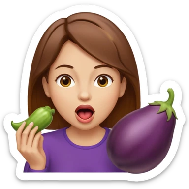 Brown hair light skin woman about to eat an eggplant mouth open sticker