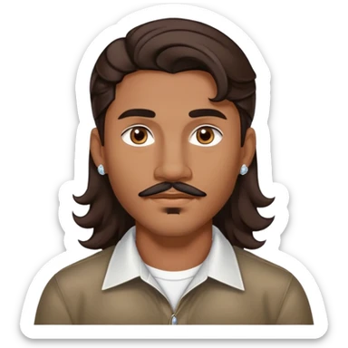 Young man with medium brown skin, mixed-race ethnicity, long wavy dark brown hair with a center part, mustache separated from goatee (no connection between them), medium brown eyes, diamond stud earrings in both ears, head only sticker