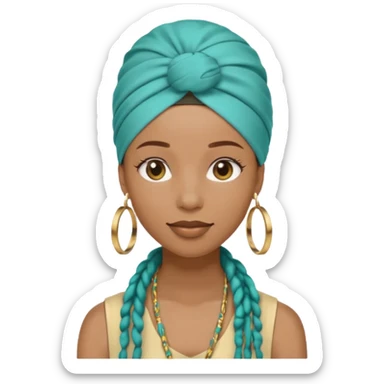 Non-portrait Jayci-vibe emoji, 1024 PNG, transparent. Headwrap (muted R-G-G), hoops, locs hint; soft smile, golden inner glow + faint heart aura. Embed: first-love, roots calm, playful grace, protective joy, consent. sticker