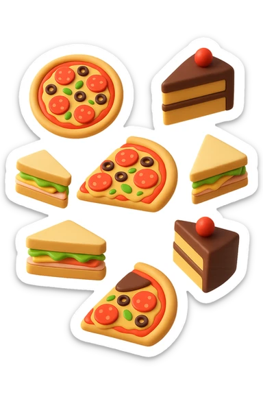 pizzette, fette di torta e panini, fluttuano in aria in 3d, sfondo bianco sticker
