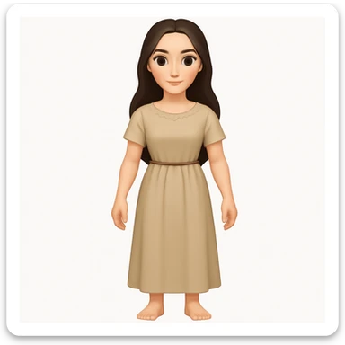 Fullbody Mary Magdalene, fit and feminine, very pretty detailed face, plain light tan ancient dress, no hood, dark hair, arms lowered to a normal pose with hands by hips, in emoji style. sticker