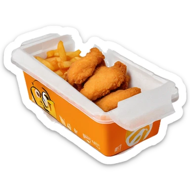 3 chicken tenders with crinkle fries and orange sauce on the side in a styrofoam container styrofoam container sticker