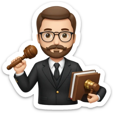 “Create a clean, modern emoji-style illustration of a male lawyer. He is wearing a formal suit jacket. He is holding a judge’s gavel (QUE SE VE DE COSTADO) in one hand and has a law book tucked under his arm. He has a mustache and beard (BARBA)!, and GLASSES sticker