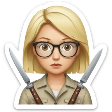 blonde woman with glasses and knives sticker