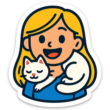a smiling girl with long blonde hair, a white fluffy cat curled around her neck and left shoulder, vibrant toon style emoji for messaging apps sticker