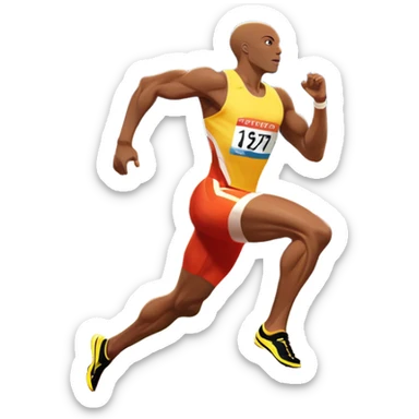 An icon depicting a sprinter in mid-run on a track, muscles tense with speed. The background shows a vibrant stadium filled with cheering fans, bright lights illuminating the track, and a clear sky above. The energy of the race and the thrill of competition are captured in motion.  sticker