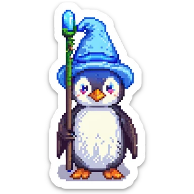 pixel art penguin wizard with a blue hat and staff sticker