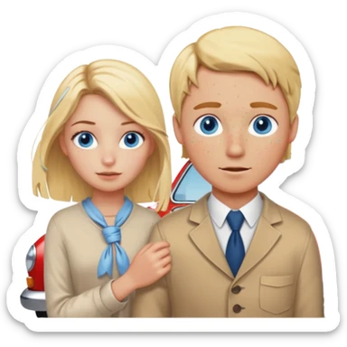 crea un emoji con esos 3 en conjunto👫🏻🪢🚘 & que la chica sea rubia y tenga pecas en la cara y tenga los ojos azules sticker