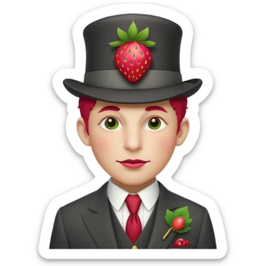 Pretentious cartoon strawberry in a tailored charcoal three‑piece suit, leaf‑cap styled like a pompadour, gold‑stud seeds, sugar‑glass monocle, licorice cane, smug expression; clean vector style, flat shading, cream background, rich crimson/forest‑green palette, 3/4 view, elegant lighting.
 sticker
