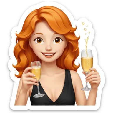 A shy young woman with orange wavy hair gently takes her first small sip of champagne, smiling with excitement. sticker