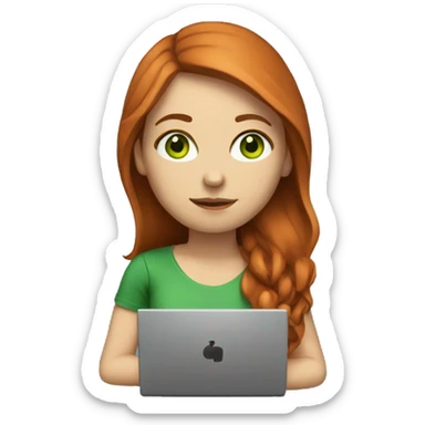 Female coder featuring a laptop. She has long reddish hair, green eyes, white skin. sticker