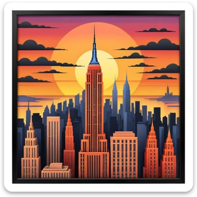 New York Empire State with buildings and a sunset sticker