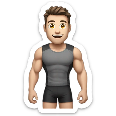 amazed Open with surprise mouth Pale skinned Fit Man With the biceps and dark brown hair in black shirt, gray sports shorts and white Sneakers sticker