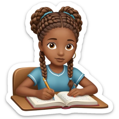 African girl student with brown skin and braided hair writing with book and pen sticker