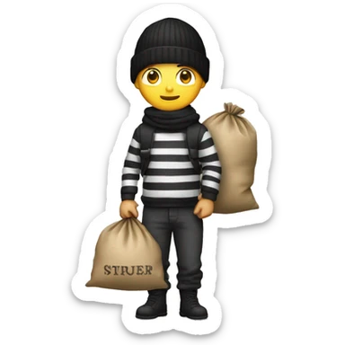 Thief wearing striped shirt and black beanie, holding a sack of money behind his back. sticker