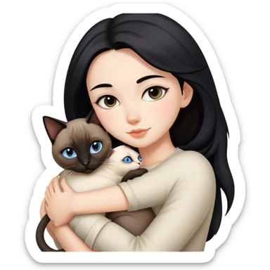 Brunette girl with black hair hugging a Siamese cat sticker