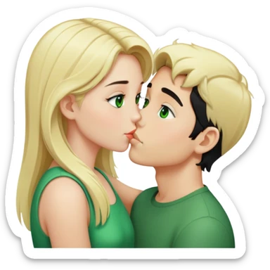 Kissing couple of boy with short black hair and green eyes and blonde girl with long hair sticker