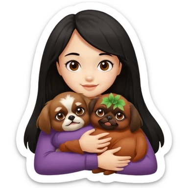 black hair girl hugging cheerfully brown pekingese dog that looks a little bit like brown gremlin sticker