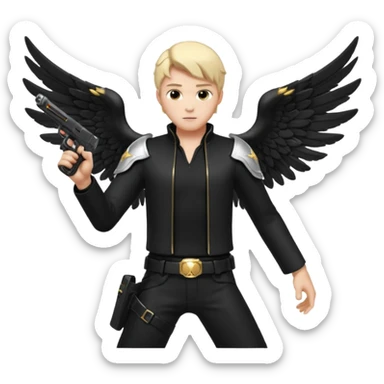male Angel dual-wielding pistols, shooting, dynamic action pose, glowing wings, black clothes no background














 sticker