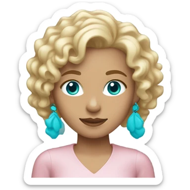 Blonde curly hair mid length.  Belgian girl. blue eyes with turquoise earrings and light pink features sticker