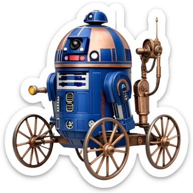 Action in Old American West tarnished R2D2 bounty policeman in 1864 delicately ornate rosegold accents painted buggy powered by electric motors and batteries with safety features and belts flying rapidly across rough dusty terrain stable on strong agile futuresteampunk suspension and steering  sticker