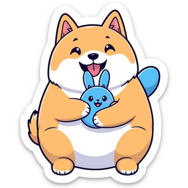 smiling overweight black shiba inu gripping fluffy blue bunny toy in mouth, cheesy aroma vibe, cartoon sticker style sticker