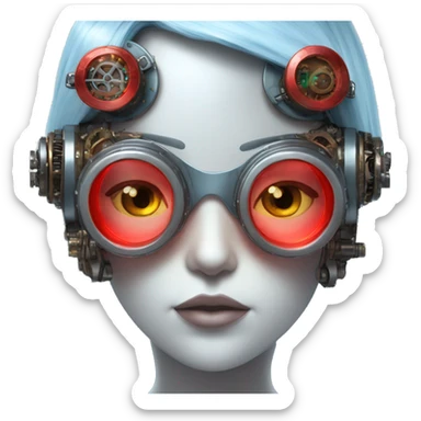 Light blue long hair female cyborg head with red steampunk goggles and circuits sticker