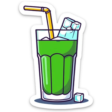 Tall glass of sweet sugarcane juice with ice cubes, light green liquid, straw, and sugar cane stalks beside it sticker