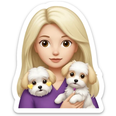 brunette woman and blonde long haired woman holding Maltese dog sticker