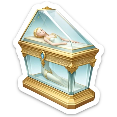 A delicate glass coffin with golden trim, resting on an ornate pedestal. The transparent lid reveals a figure inside, peacefully lying with hands gently folded. Soft light reflects off the glass, adding an ethereal, fairy-tale glow sticker
