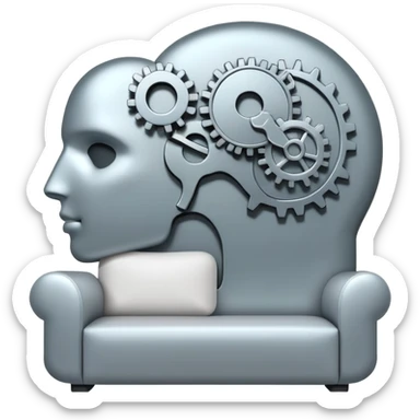 An icon featuring a human head silhouette with gears and a heart inside, symbolizing psychology. The design includes a therapy couch and a speech bubble, representing mental health and communication. Transparent background highlights the study of the human mind and behavior. sticker