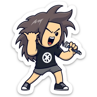 A metalhead headbanging with long hair, wearing a rock band t-shirt, excited expression sticker