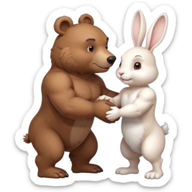 create one brown bear and one white rabbit with muscle body doing a handshake dont mix the colors sticker